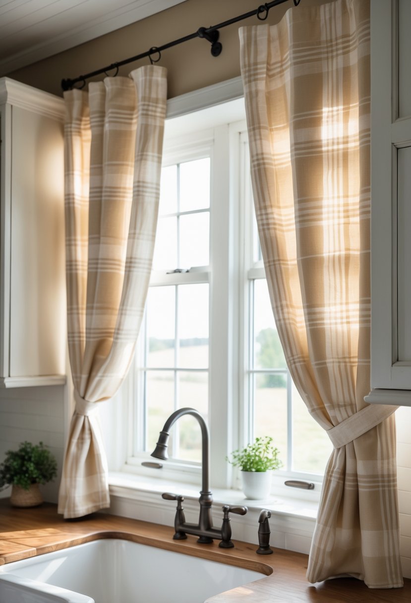 A farmhouse kitchen window with neutral plaid curtains letting in natural light, showing a rustic sink and wooden cabinets.