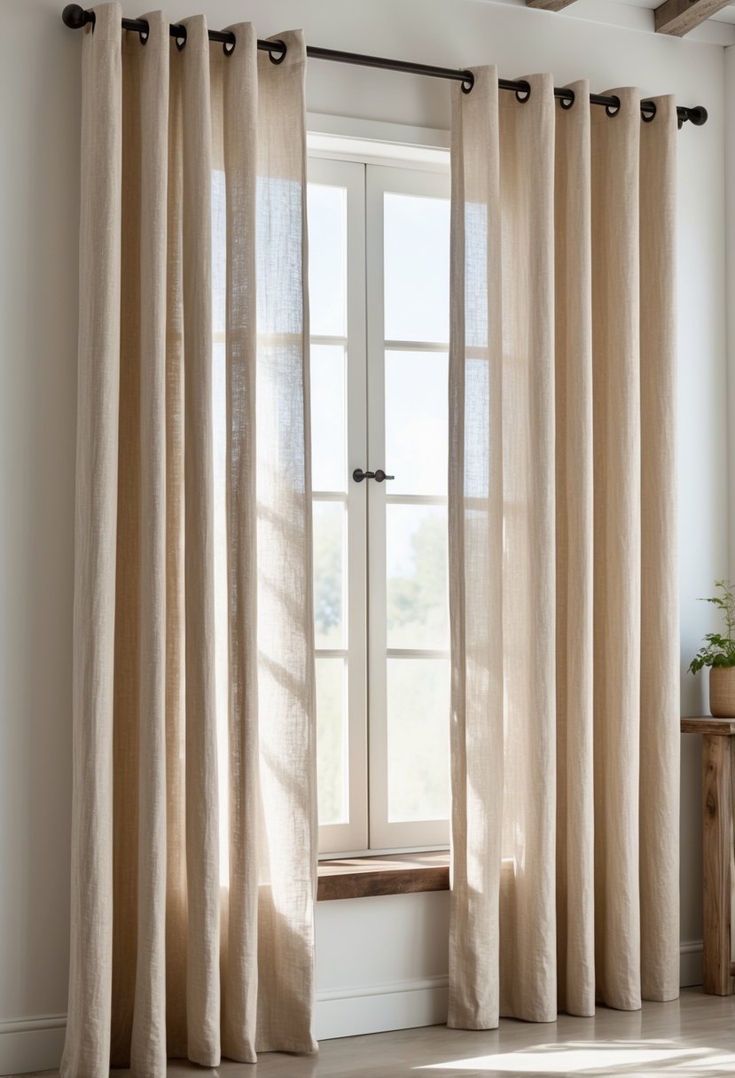 A set of beige linen curtains hanging on a window with sunlight coming through, in a bright room with wooden accents.