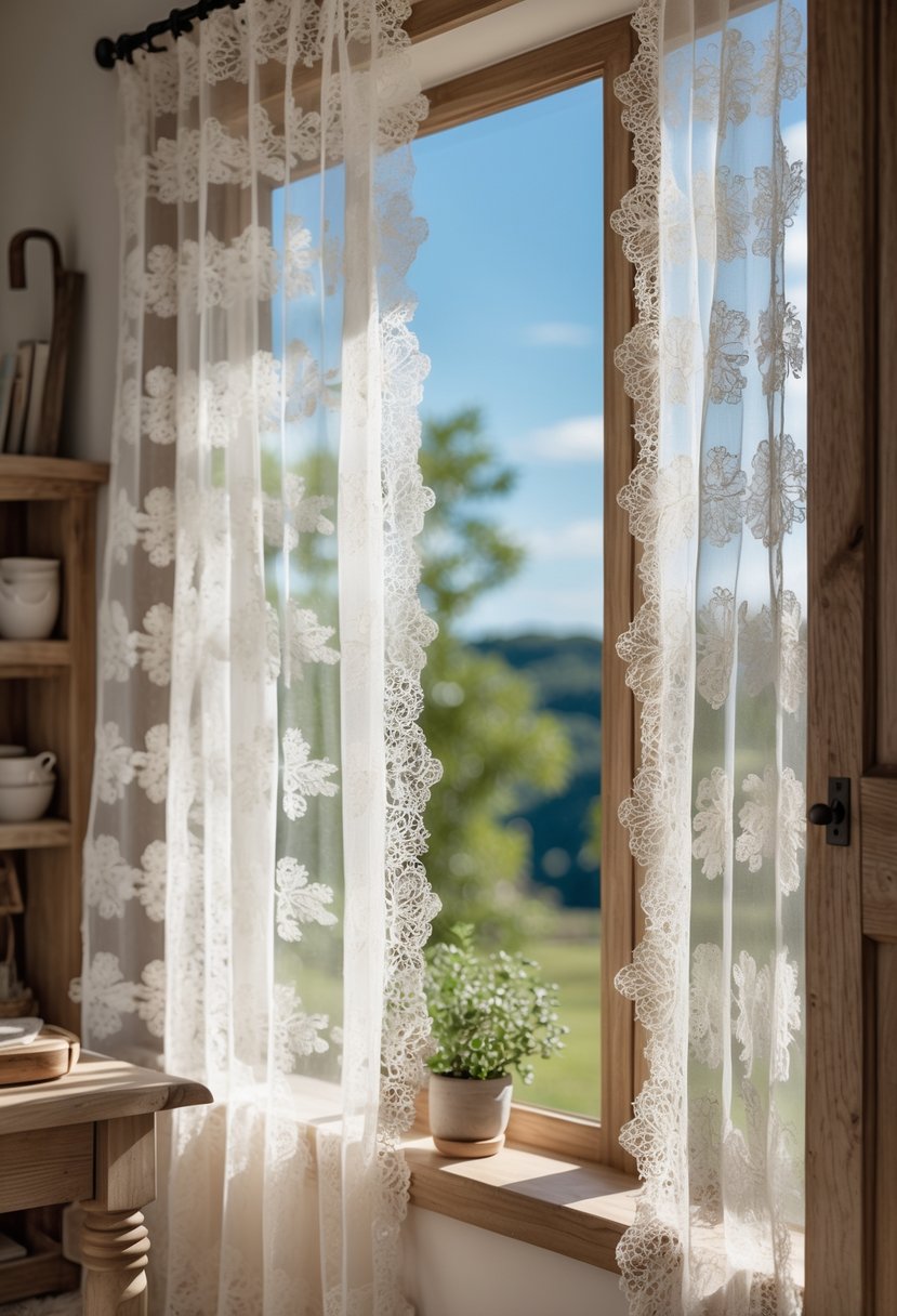 A sunlit window with delicate lace curtains partially open, showing greenery outside and a cozy interior with wooden furniture.