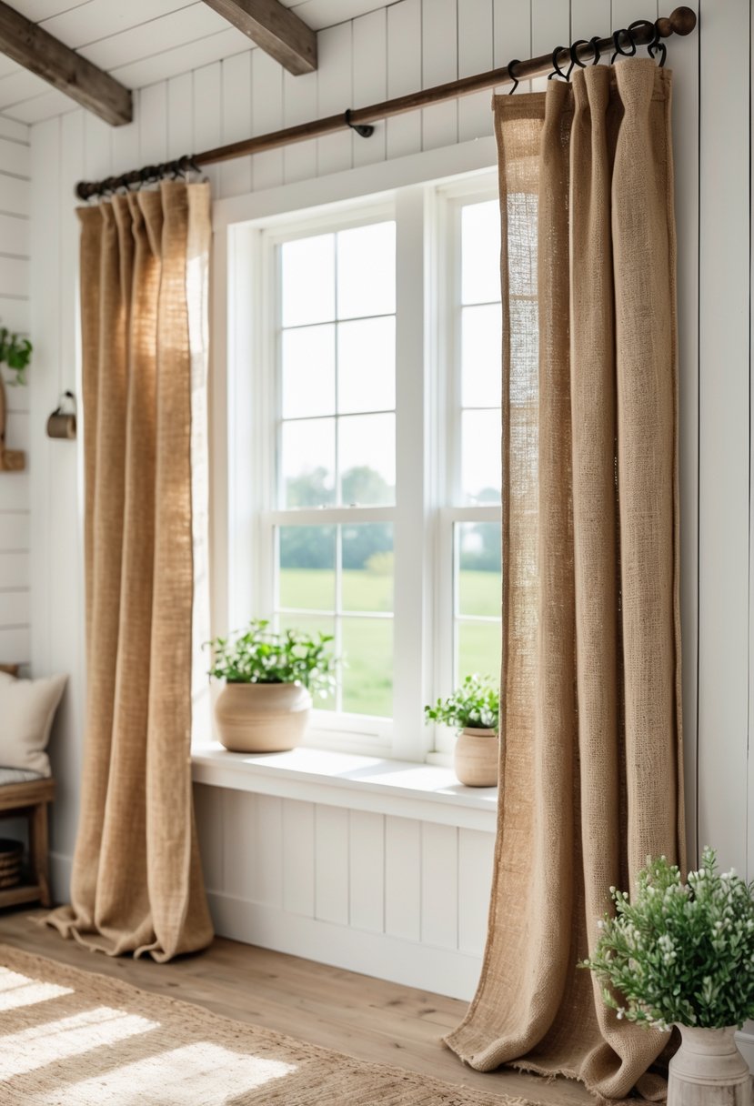 A bright room with burlap curtains hanging on a window, sunlight filtering through, and rustic farmhouse decor around.