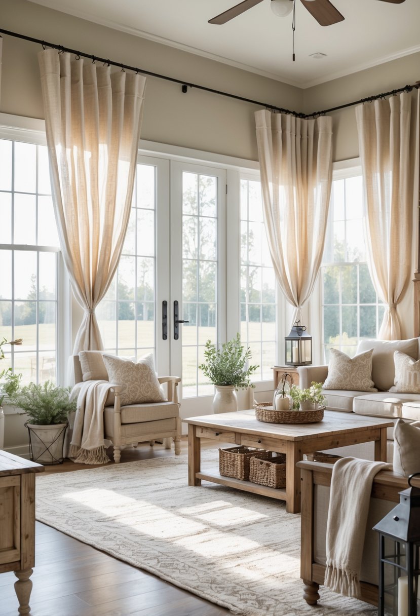 A living room with thirteen farmhouse-style curtains hanging on large windows, filled with natural light and rustic wooden furniture.