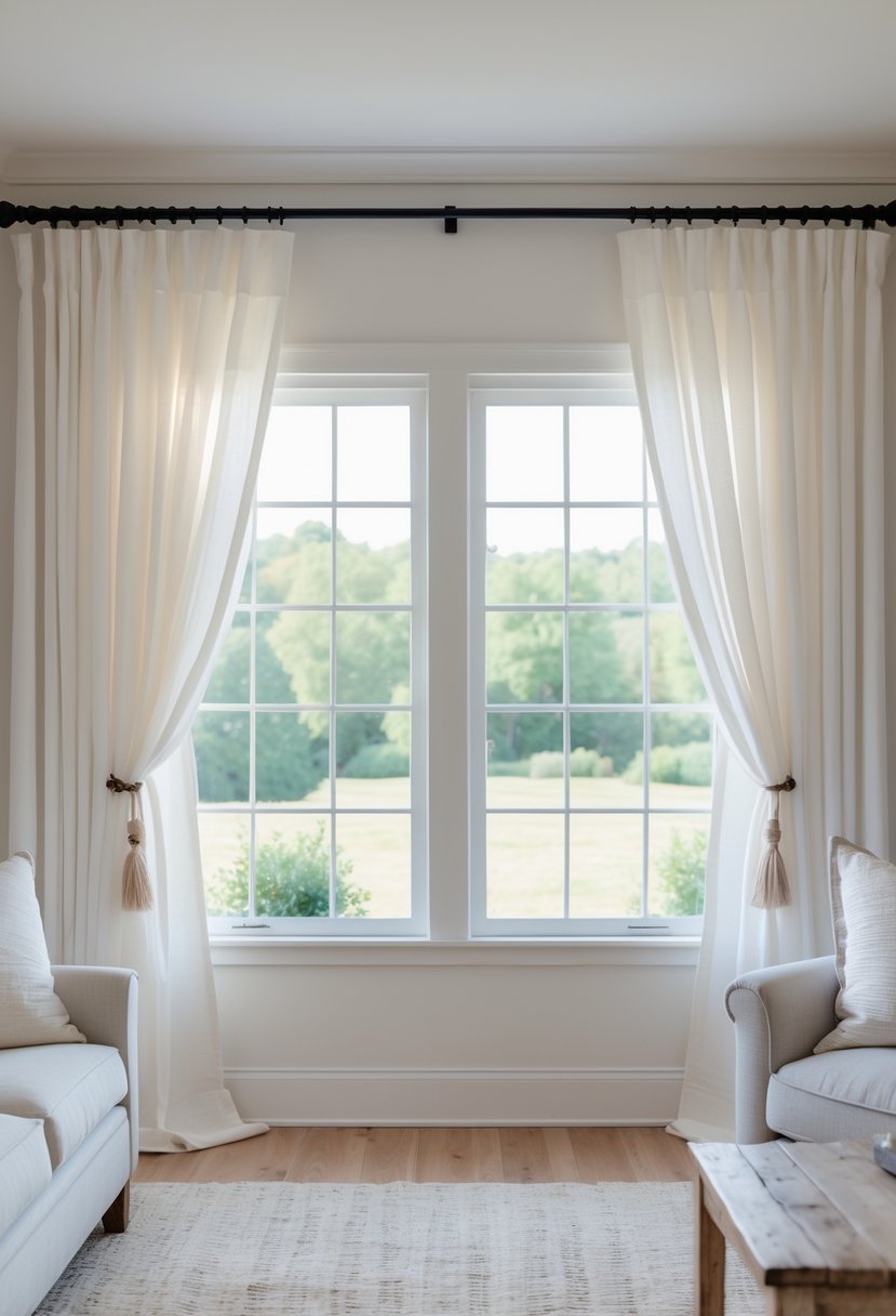 A bright living room with white curtains tied back on a large window letting in natural light.