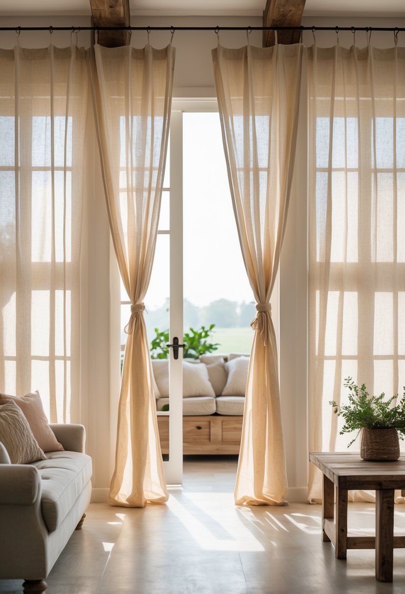 Living room with beige gauze curtains softly diffusing sunlight through large windows.