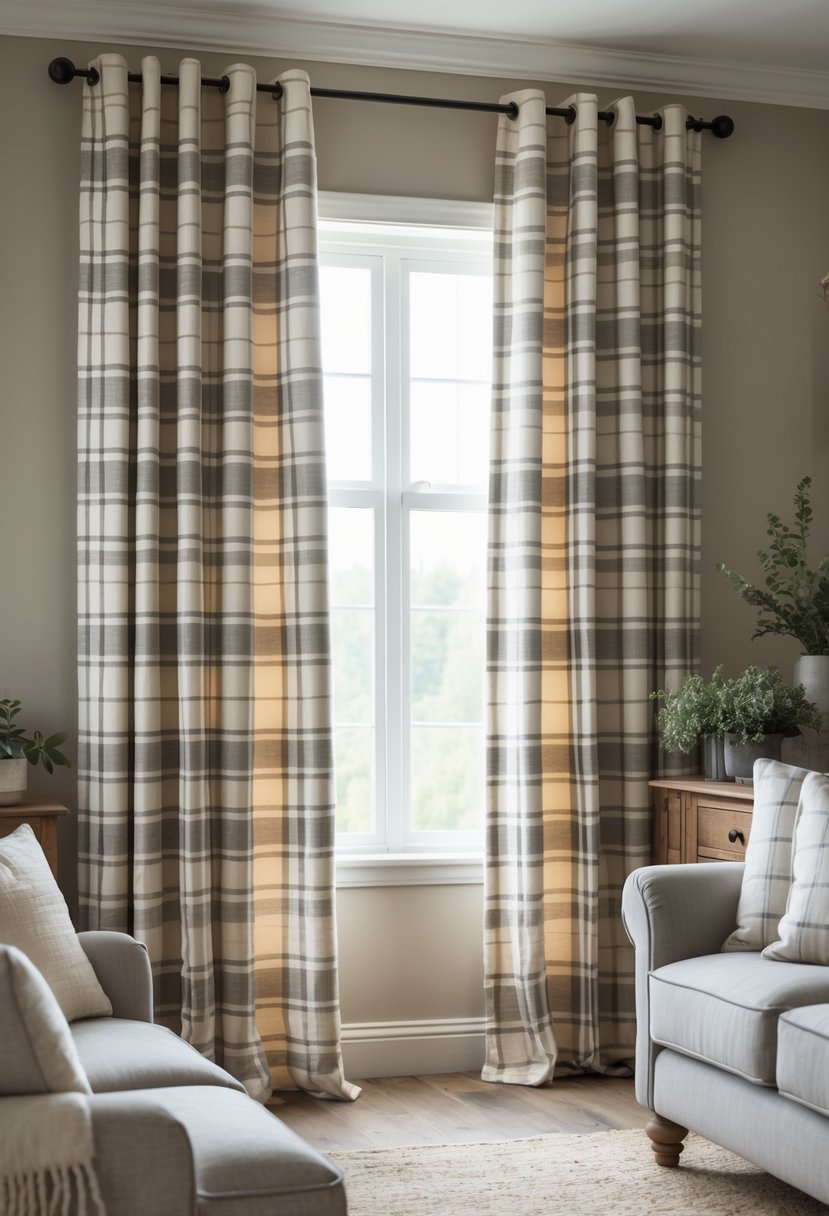 Living room with large window covered by plaid buffalo check curtains in neutral colors, featuring a sofa and wooden furniture.