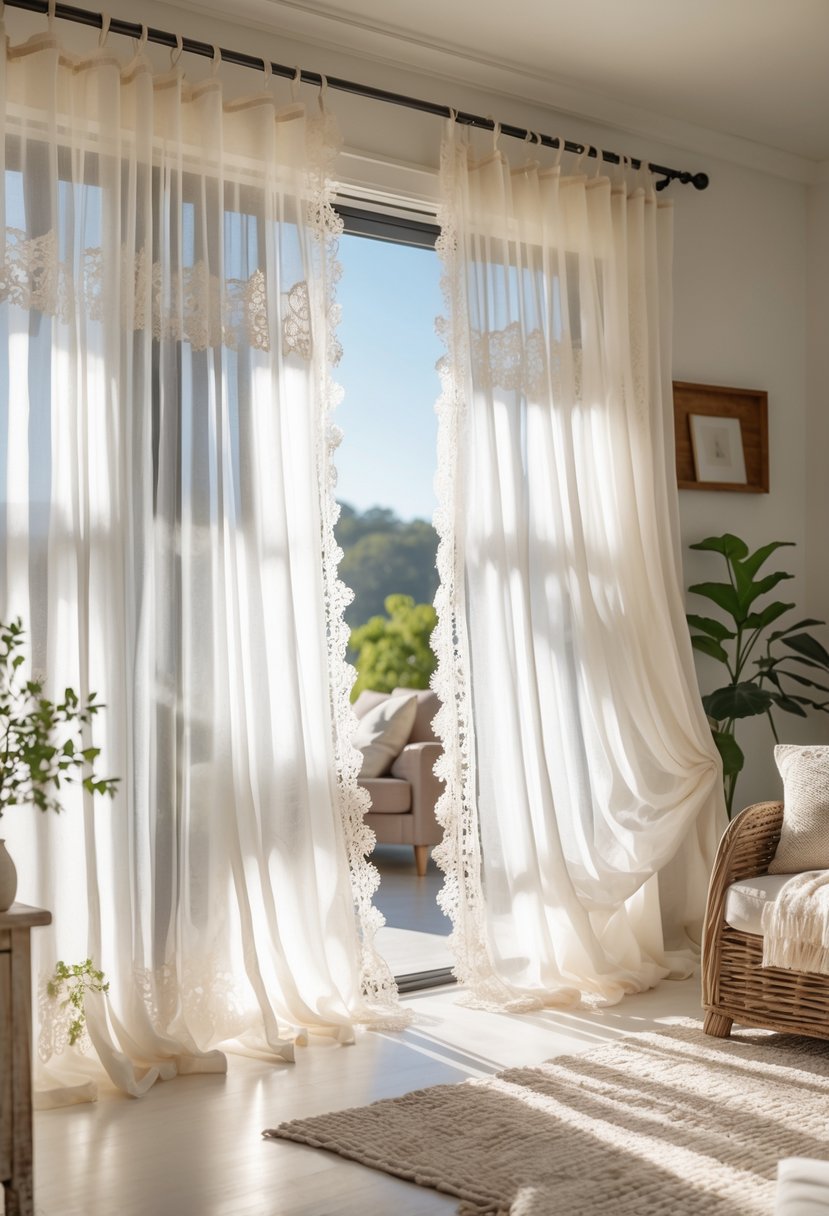 A living room with sheer curtains featuring lace trim hanging on a large window, letting in soft natural light.