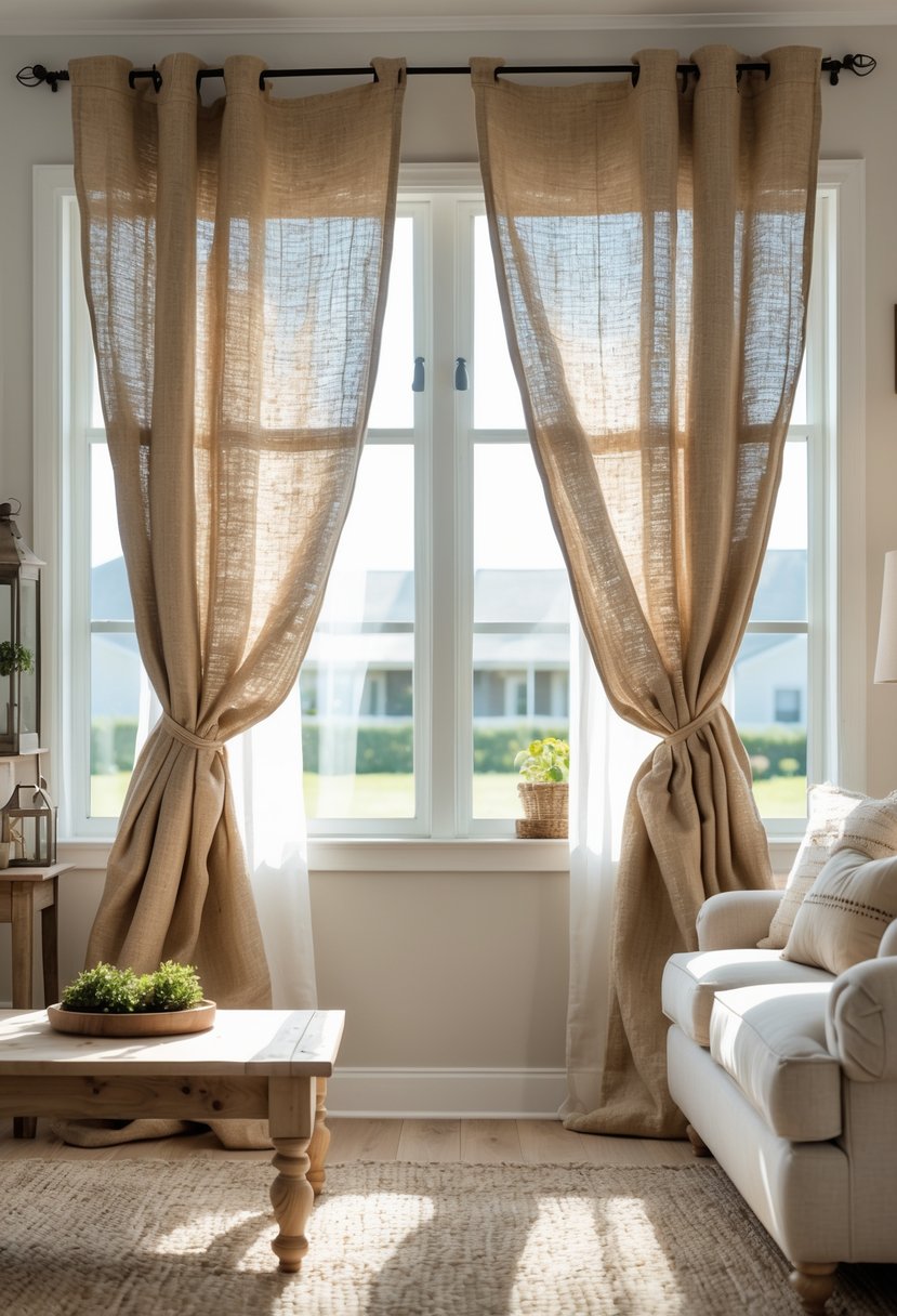 A living room with natural burlap curtains hanging by a window, sunlight softly illuminating the space.