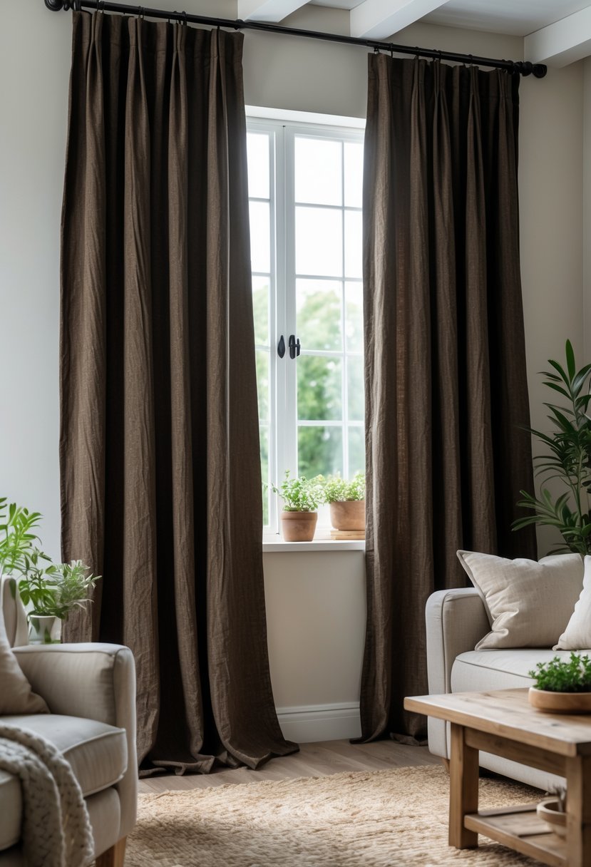 Living room with dark blackout curtains hanging over a window, soft natural light coming through, and comfortable furniture nearby.