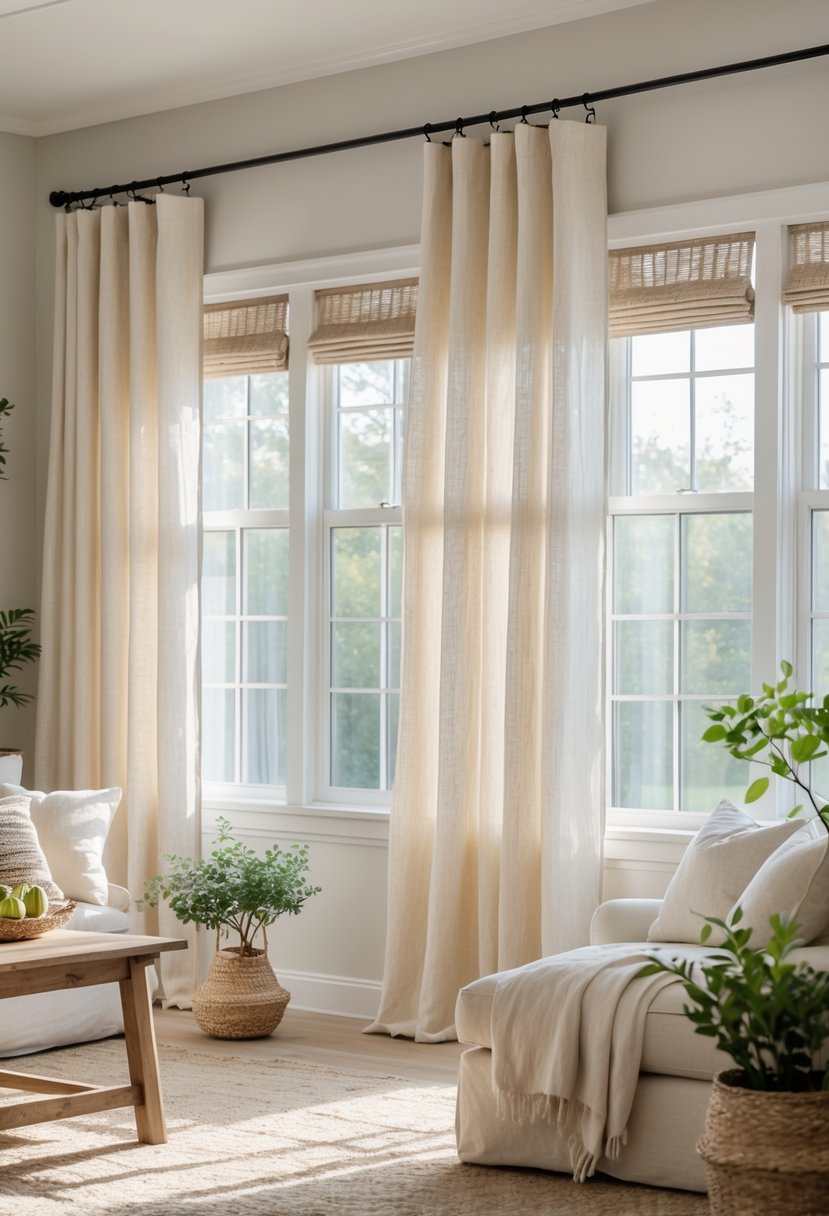 Living room with large windows covered by light-colored tier curtains, sunlight streaming in, and comfortable seating with wooden furniture.