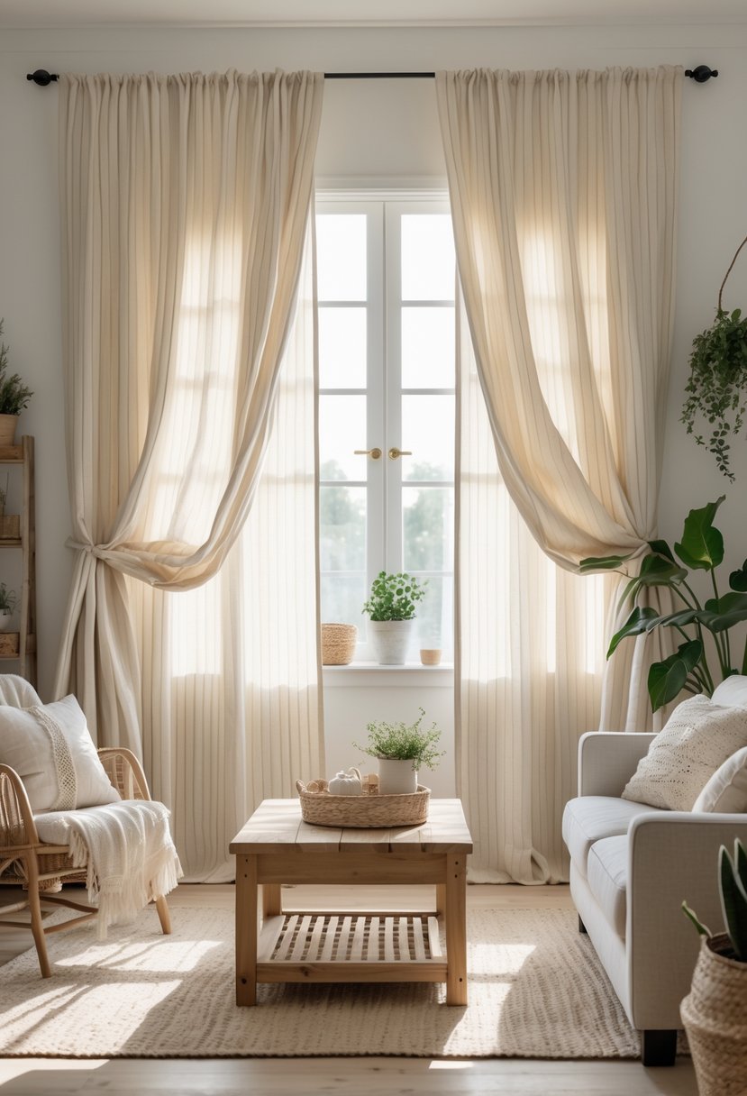 A living room with neutral striped curtains hanging on a window, a sofa, wooden coffee table, and potted plants.