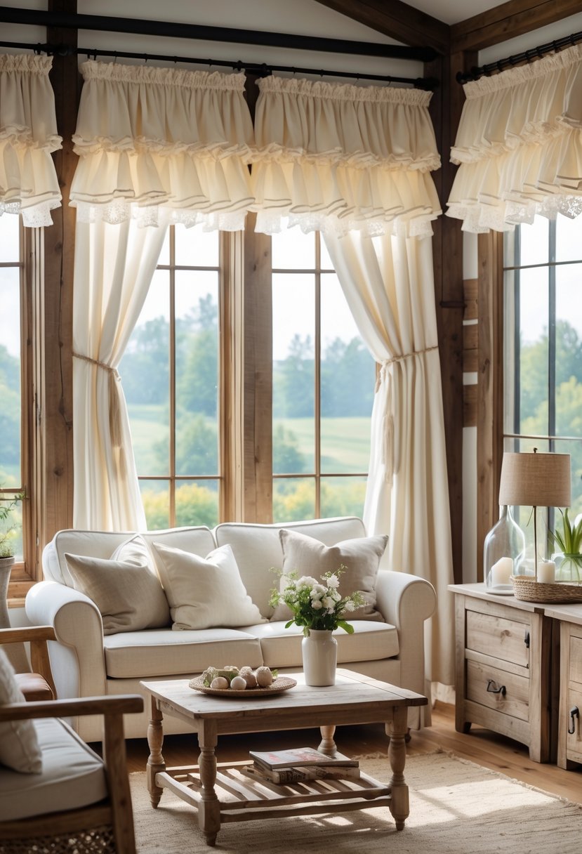 Living room with windows dressed in off-white ruffled valances, wooden furniture, and natural light.