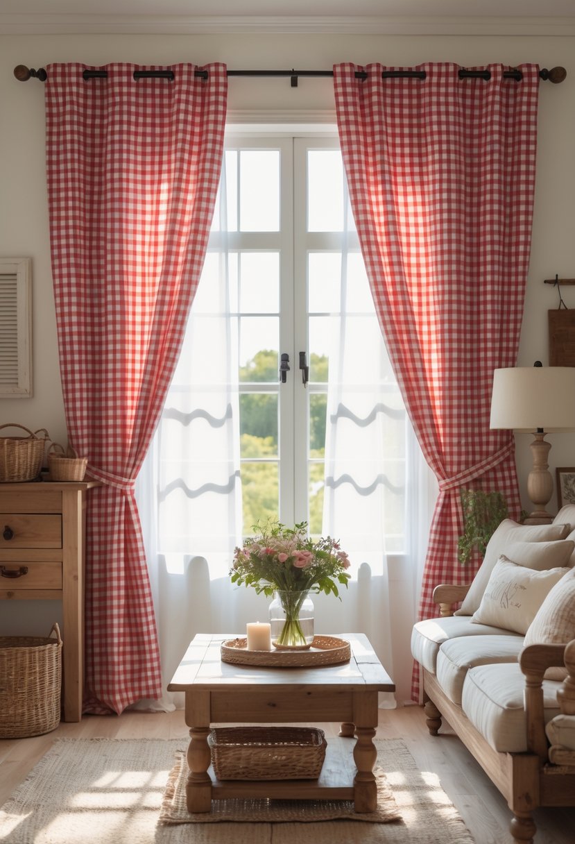 Living room with a large window covered by red and white checkered curtains, featuring a sofa, wooden coffee table, and natural light coming through.