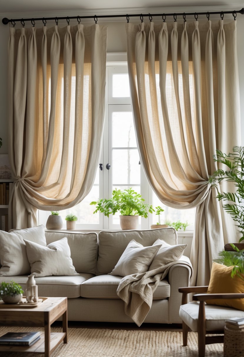 Living room with heavyweight canvas curtains hanging from rustic rods, a sofa, coffee table, and natural light coming through the window.