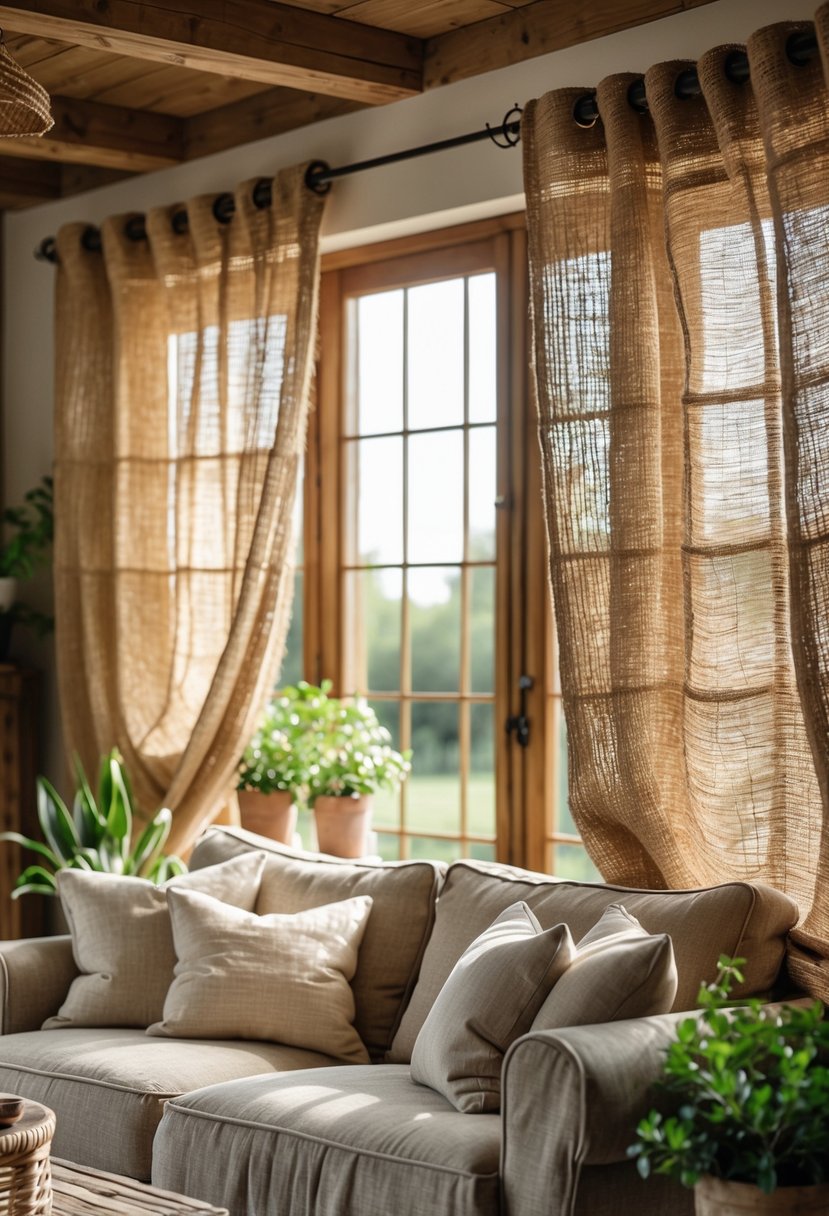 A living room with woven jute curtains, wooden furniture, a sofa with cushions, and plants near a window with natural light coming through.