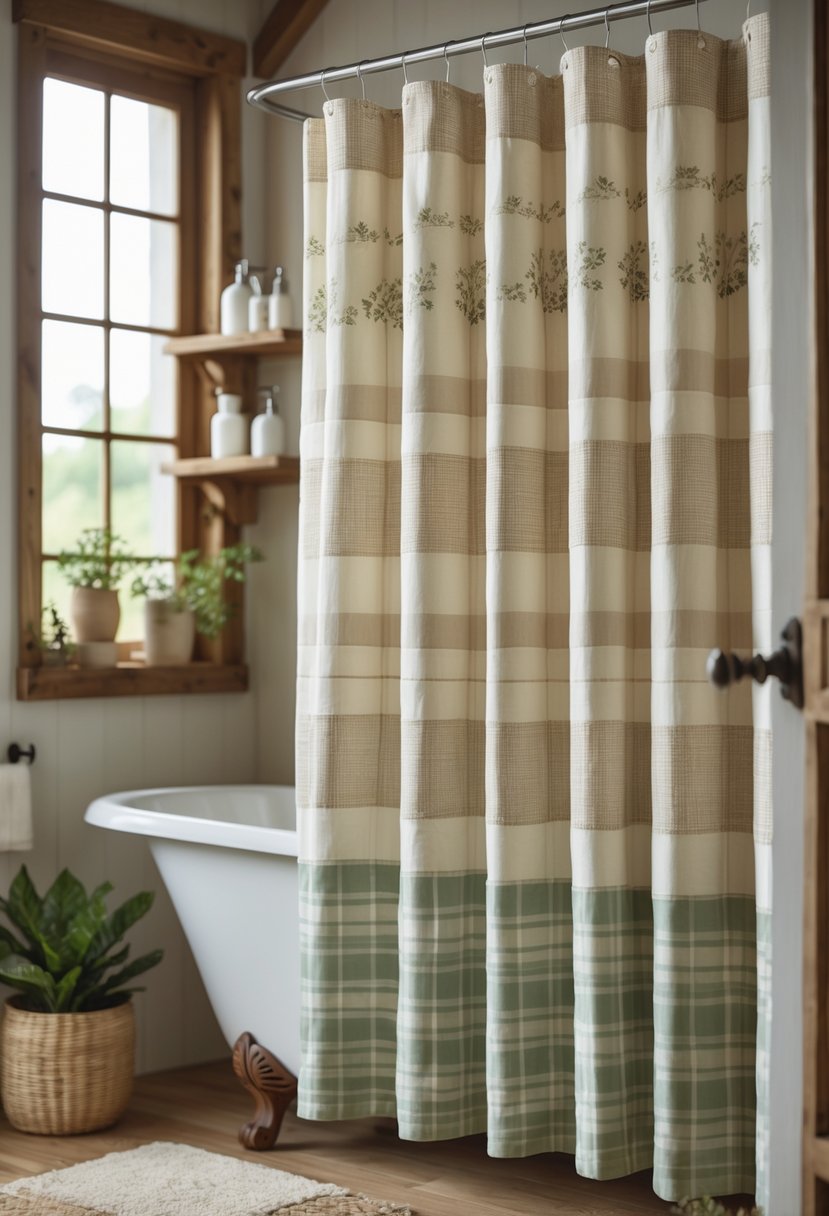 A farmhouse bathroom with a rustic shower curtain hanging in front of a white bathtub, surrounded by wooden accents and natural light.