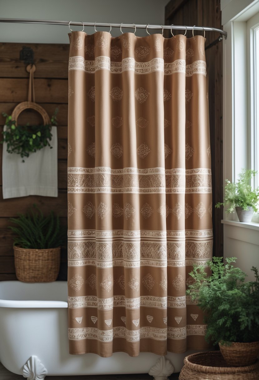 A bathroom with a tan and brown fabric shower curtain hanging over a white bathtub, surrounded by rustic wooden walls and plants.
