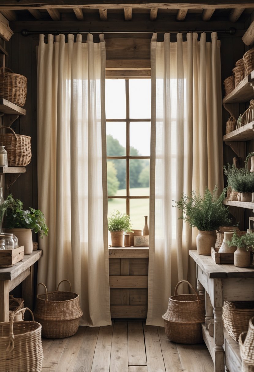 A rustic country shop interior with a cotton curtain hanging in front of a window, surrounded by wooden shelves and farmhouse decor.