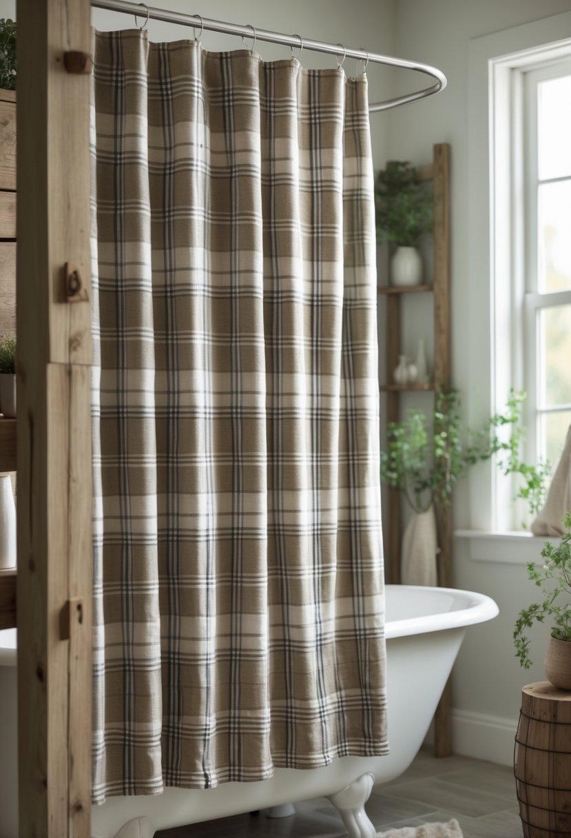 A bathroom with a plaid patterned shower curtain hanging in front of a bathtub, surrounded by wooden accents and greenery.