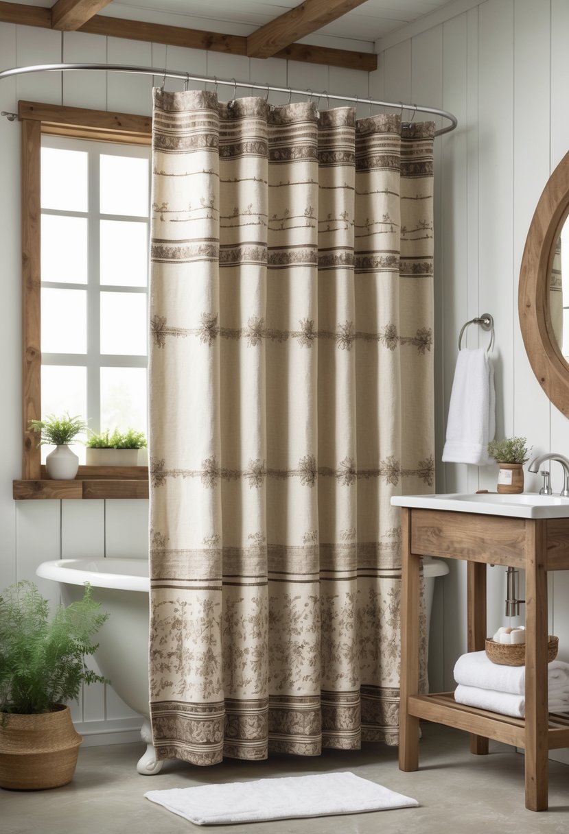 A bright farmhouse bathroom with a rustic shower curtain, wooden accents, and a small potted plant.