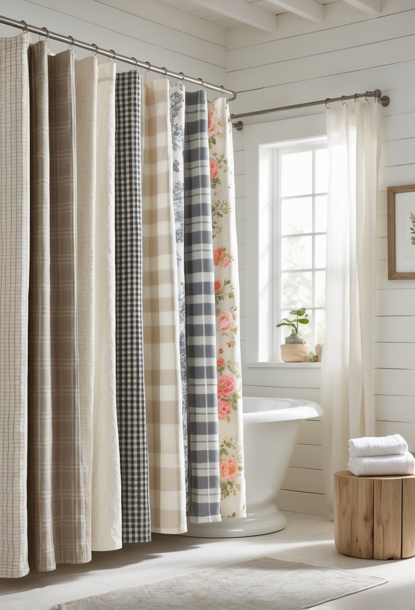 A bathroom with multiple farmhouse-style shower curtains hanging on rods, featuring rustic and cozy patterns in a bright and natural setting.