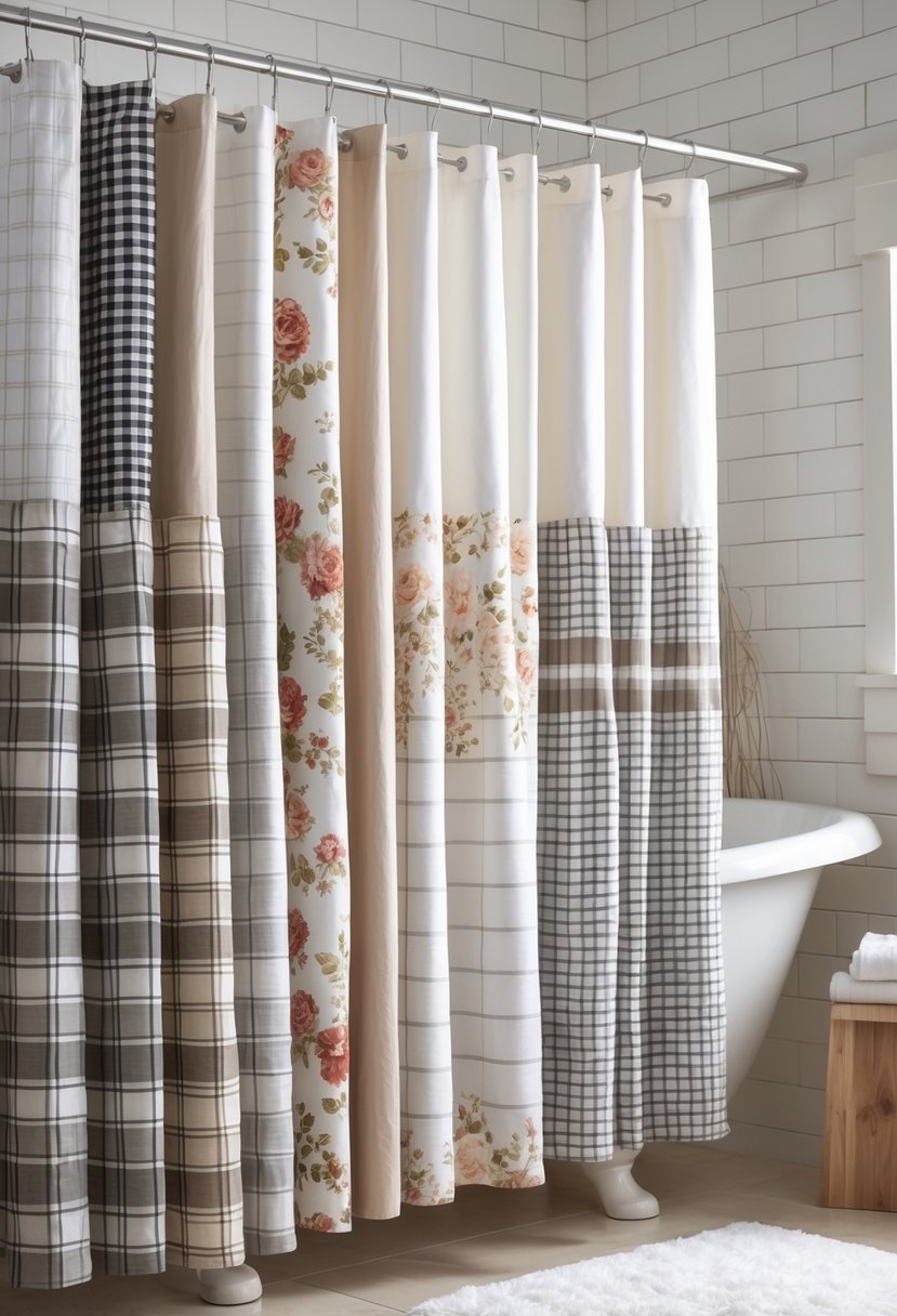 A bathroom displaying twelve farmhouse-style shower curtains hanging on a shower rod with white tiled walls and wooden accents.