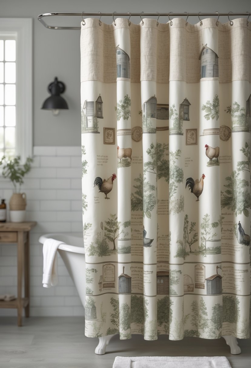 A shower curtain with vintage farm-themed prints hanging in a bright, clean bathroom.