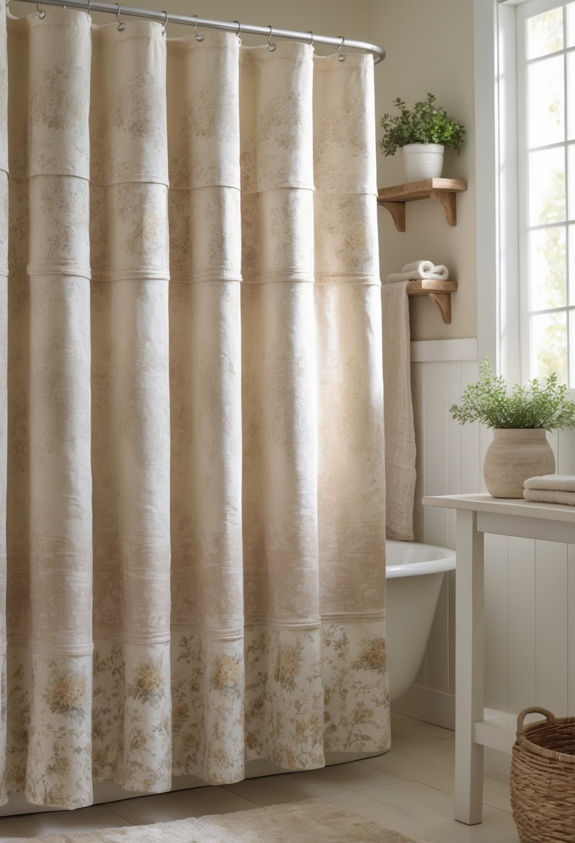 A bathroom with a shower curtain hanging, surrounded by wooden accents and potted plants.