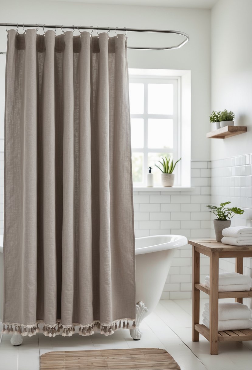 A taupe cotton linen shower curtain with tassels hanging in a bright farmhouse bathroom.