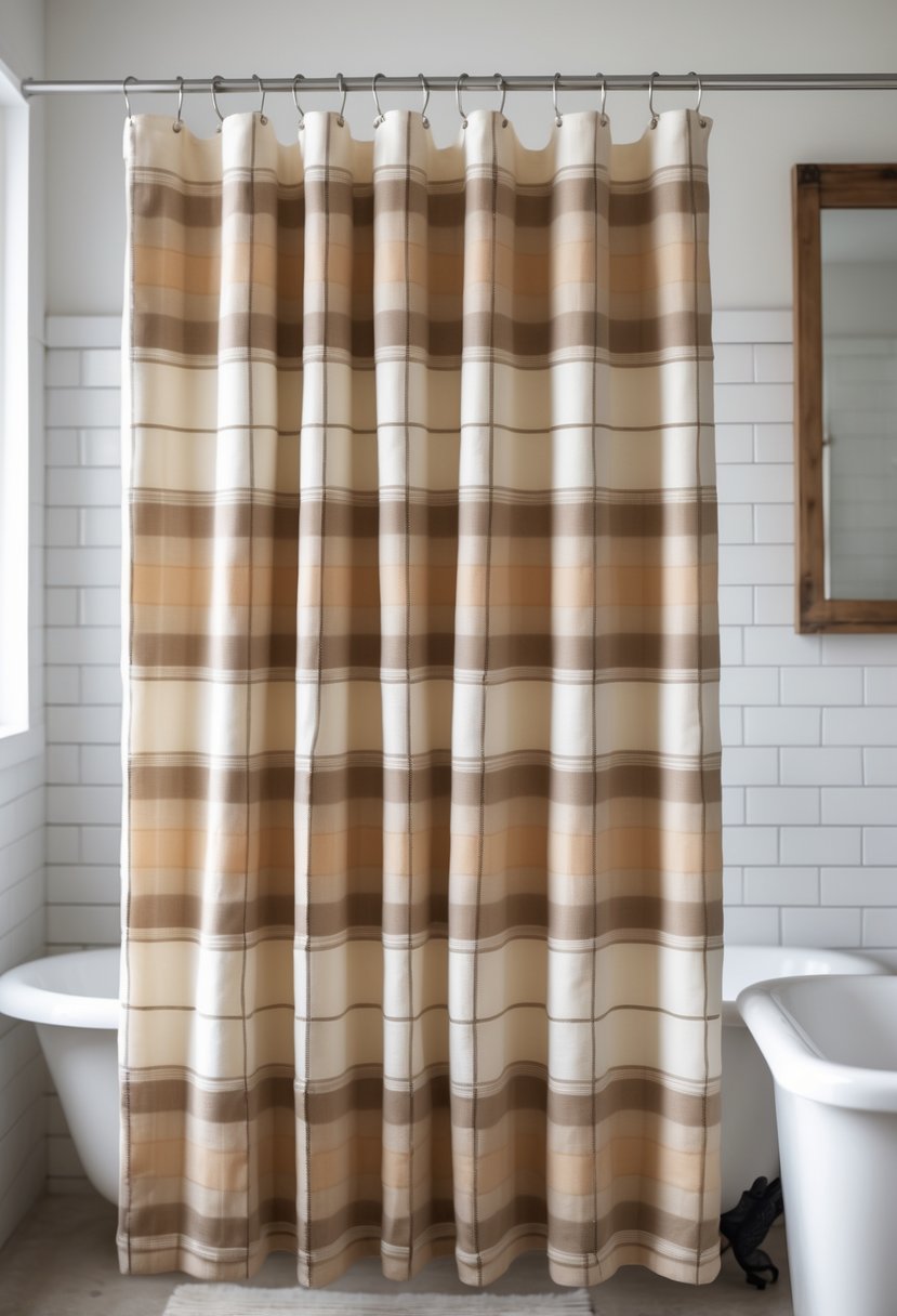 A plaid shower curtain hanging in a bright bathroom with white tiled walls and a wooden framed mirror.