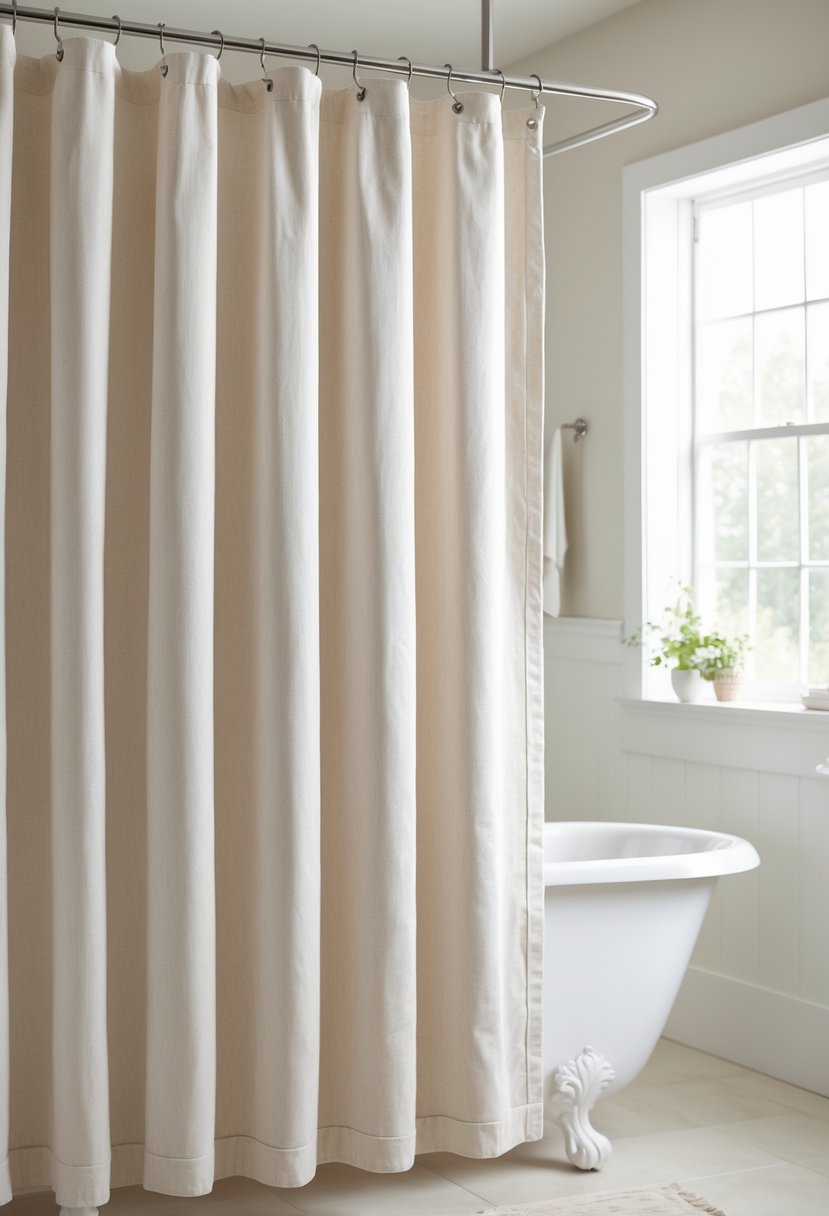 A shower curtain hanging in a bathroom with a bathtub and natural light coming through a window.