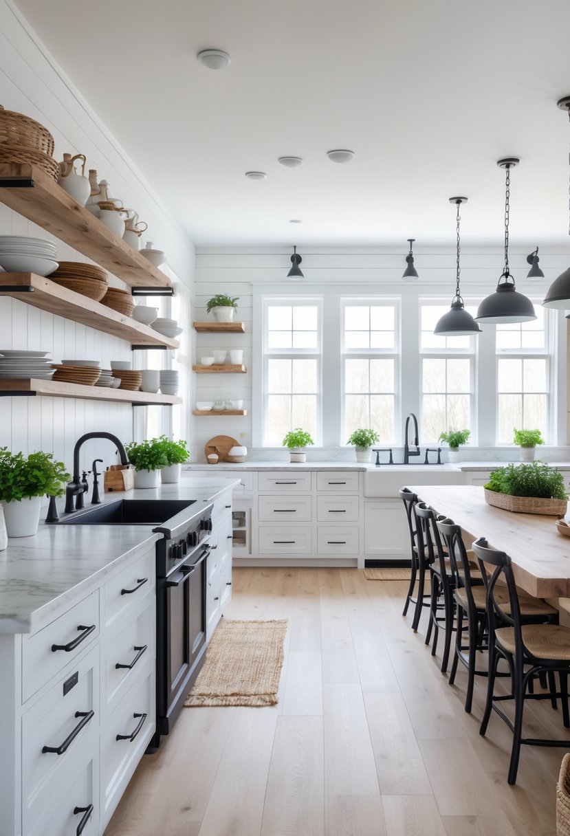 A bright kitchen with a large wooden island, open shelves, farmhouse sink, pendant lights, and a dining table with chairs.