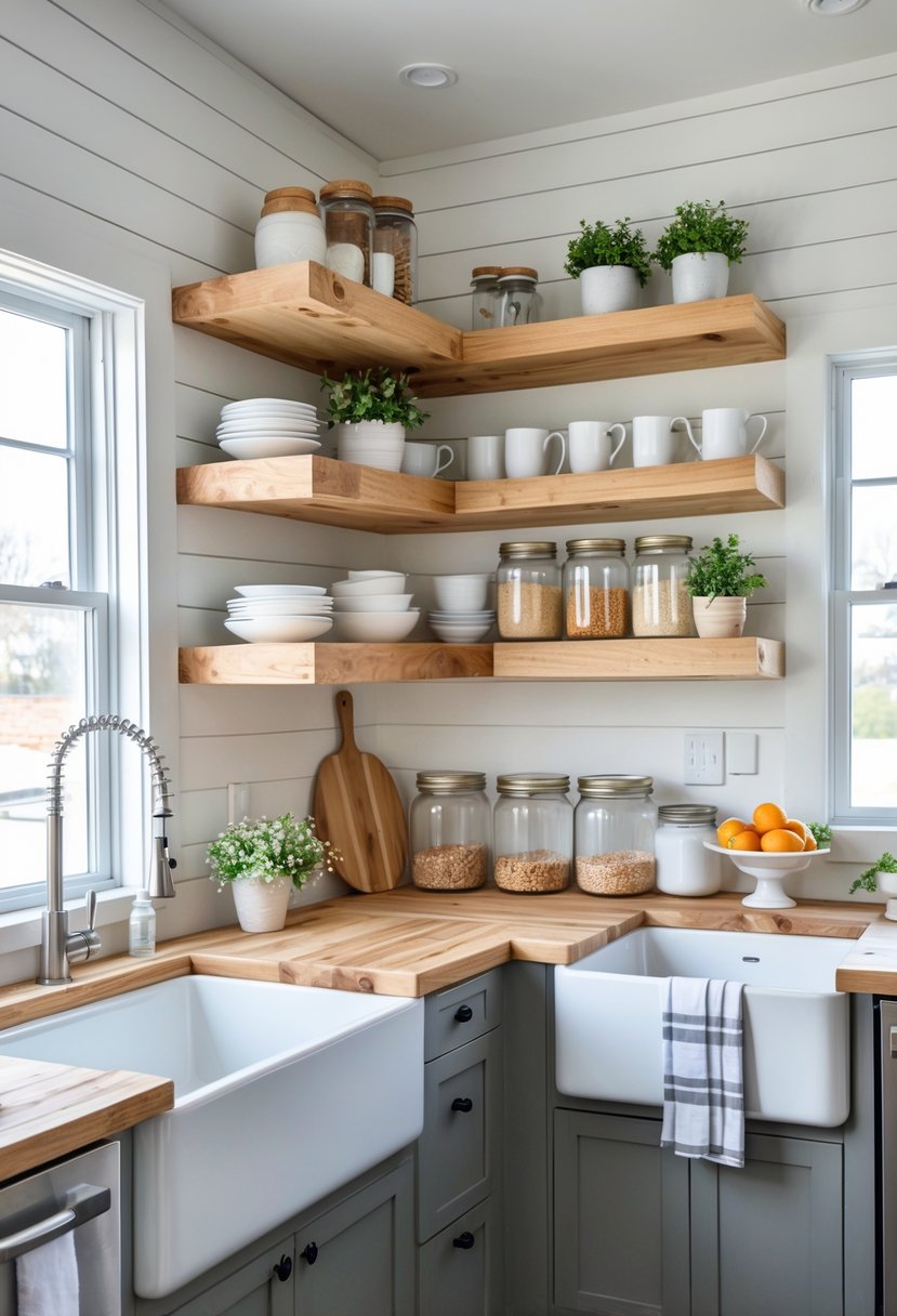A bright kitchen with natural wood open shelves holding dishes, jars, and plants, featuring clean countertops and large windows.