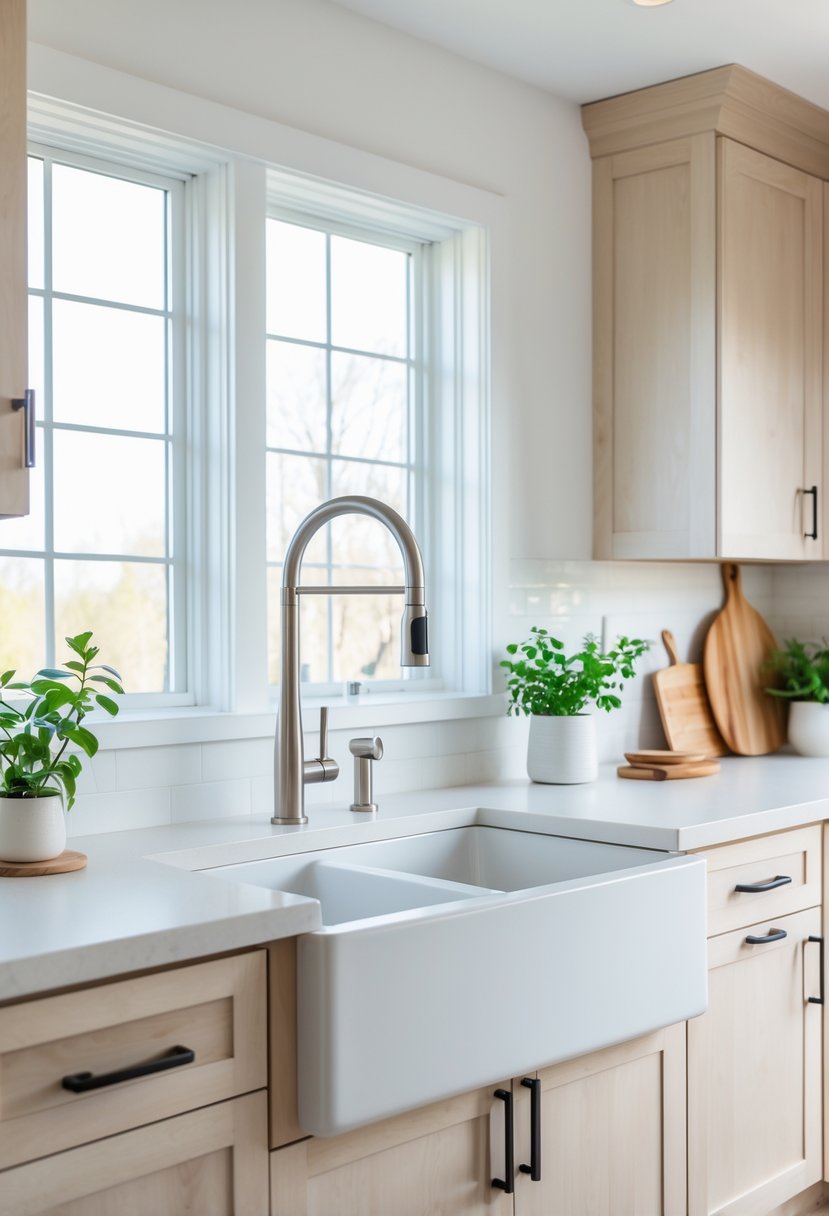 A bright kitchen with a large white farmhouse sink, wooden cabinets, and natural light coming through windows.