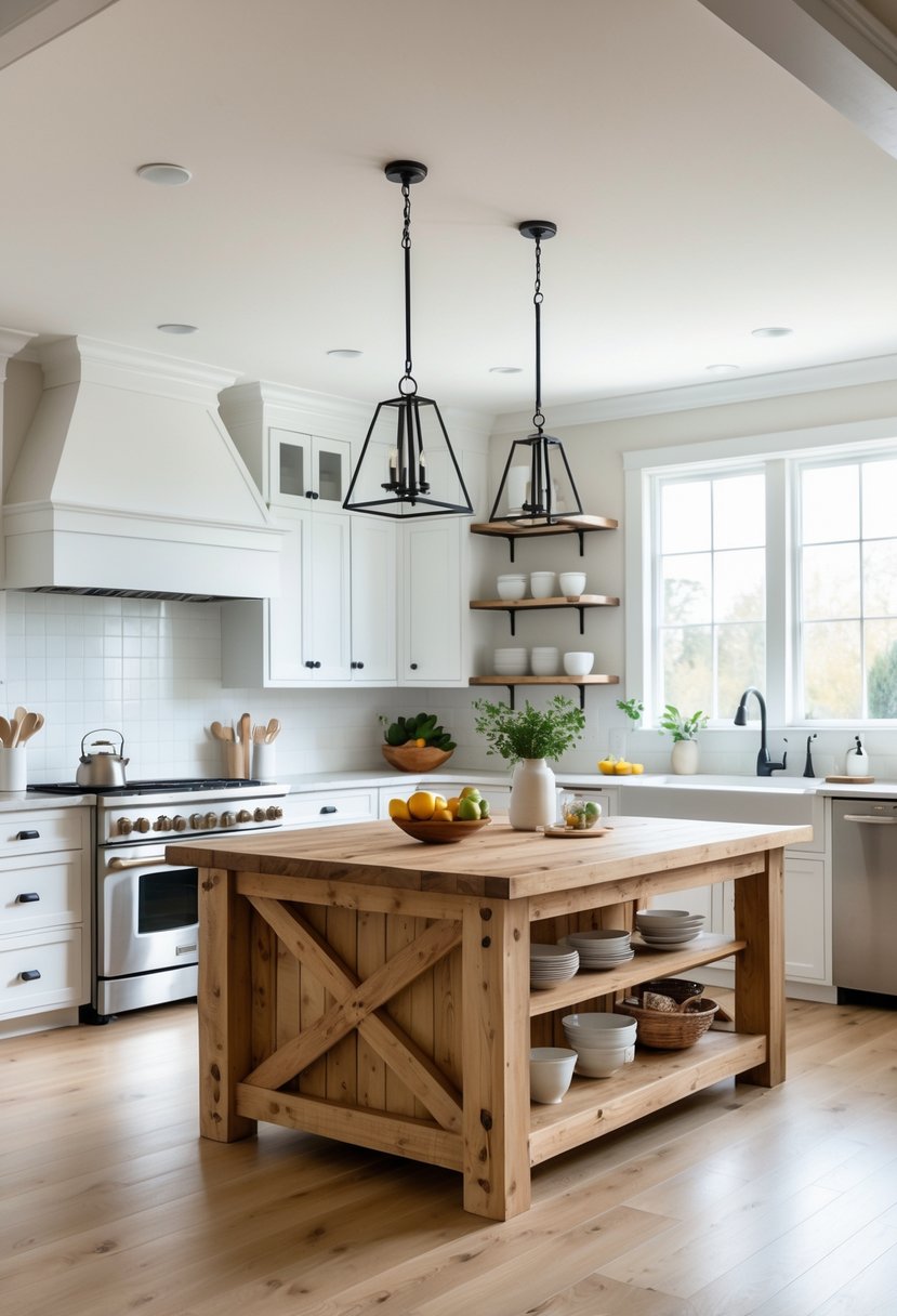 A spacious kitchen with a large wooden kitchen island in the center, surrounded by white cabinets and stainless steel appliances.