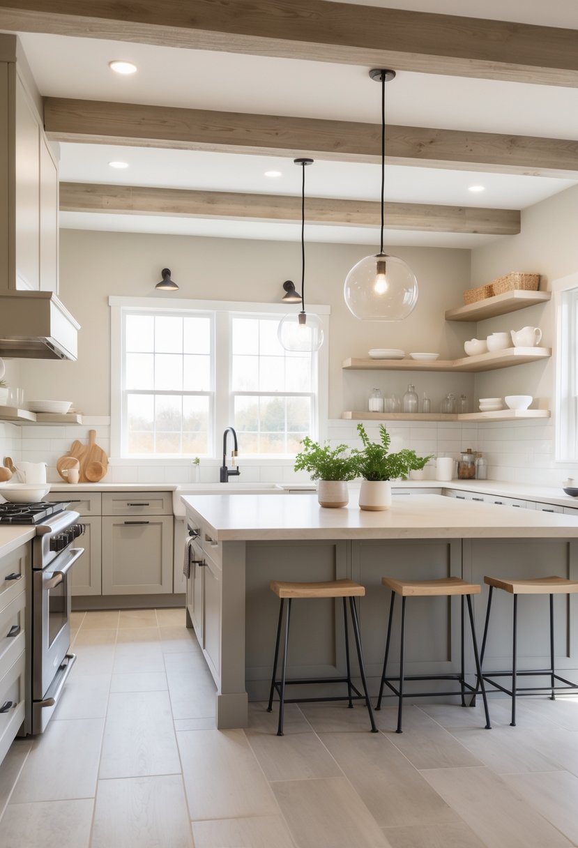 A spacious kitchen with beige and gray tones, featuring a large island, cabinets, stainless steel appliances, and natural light coming through windows.