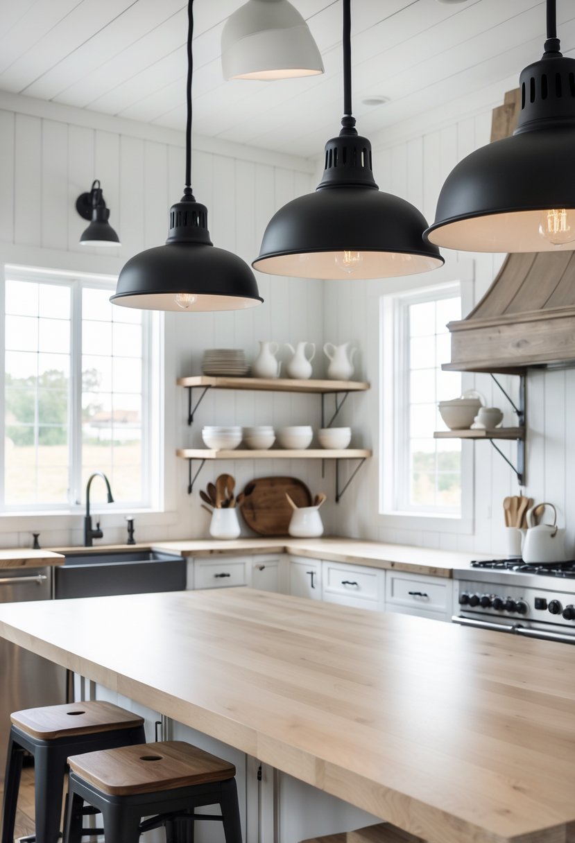 A kitchen with black metal pendant lights hanging over a wooden island, white walls, open shelves, and stainless steel appliances.
