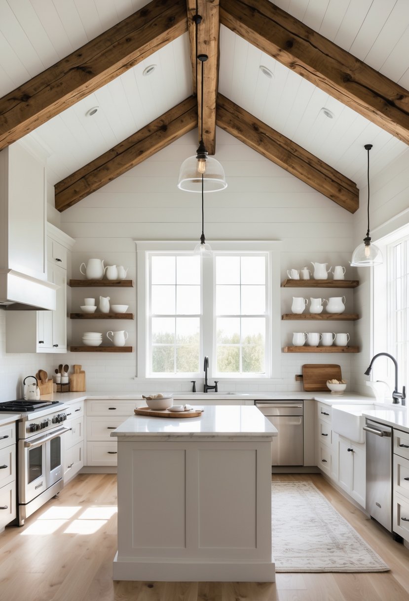 A bright kitchen with exposed wooden ceiling beams, a large island, stainless steel appliances, and light hardwood floors.