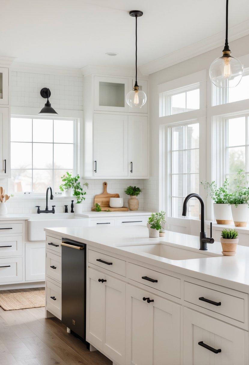 A bright kitchen with cabinetry featuring brass or matte black handles, a large island, pendant lights, and natural light coming through windows.