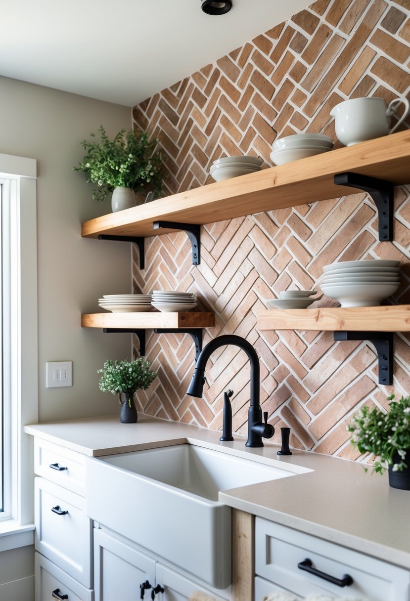 A bright kitchen with white cabinets, open shelves, a farmhouse sink, and a textured brick backsplash arranged in a herringbone pattern.