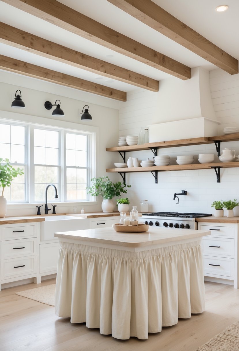 A bright kitchen with white skirted lower cabinets, a wooden countertop island, and large windows letting in natural light.
