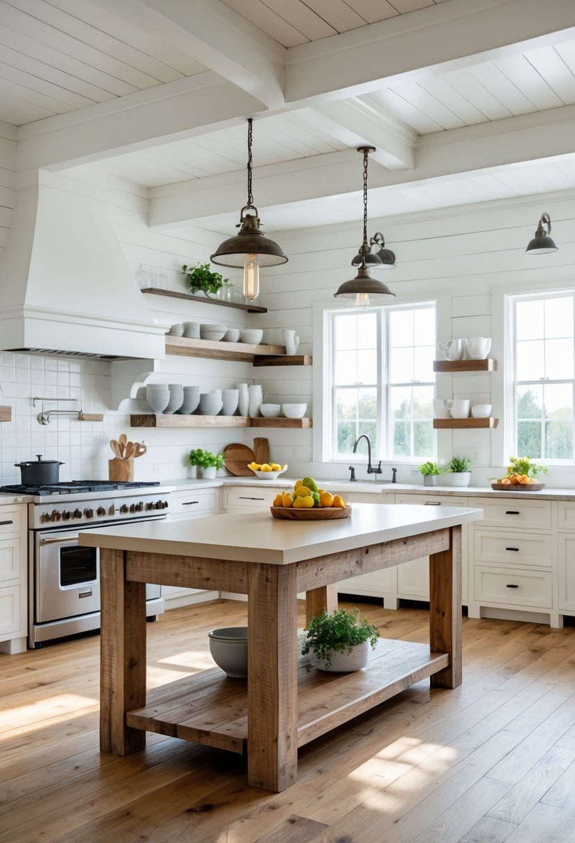 A bright kitchen with a large wooden table island surrounded by white cabinets and stainless steel appliances.