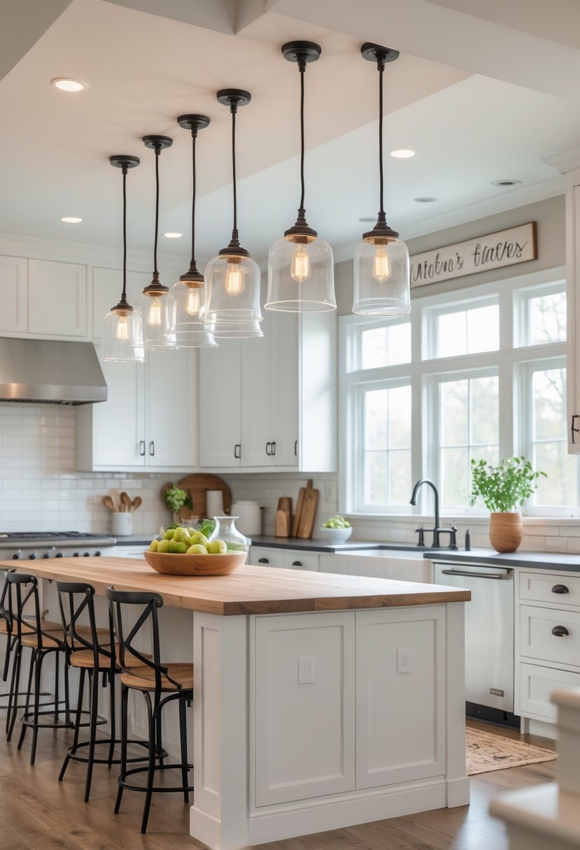 A bright kitchen with pendant lights hanging above a wooden island and white cabinets in the background.