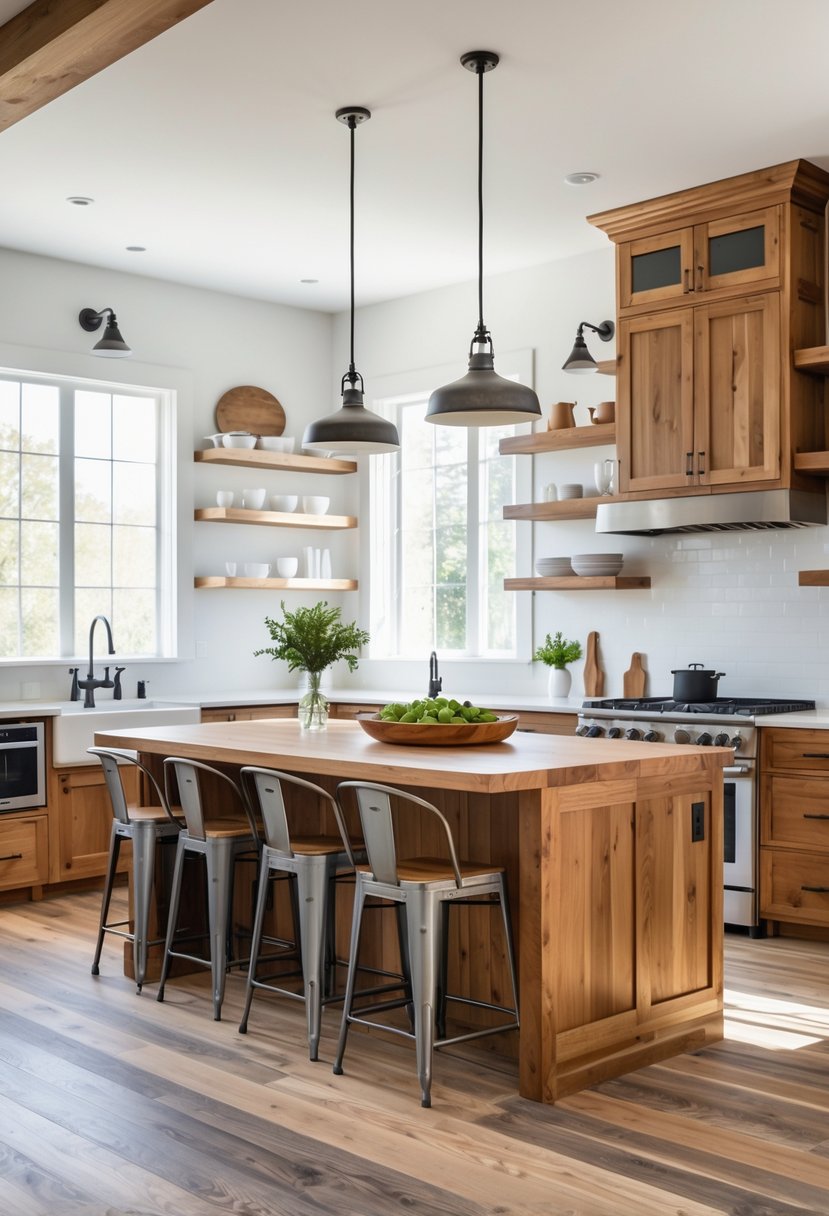 A bright kitchen with wooden cabinets, a central island, metal bar stools, and stainless steel appliances.