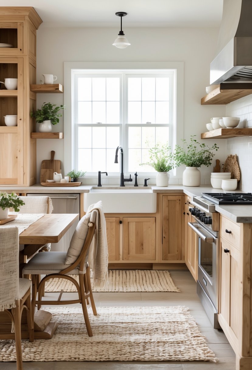 A bright kitchen with wooden cabinets, stone countertops, neutral woven rugs on the floor, and natural light coming through large windows.