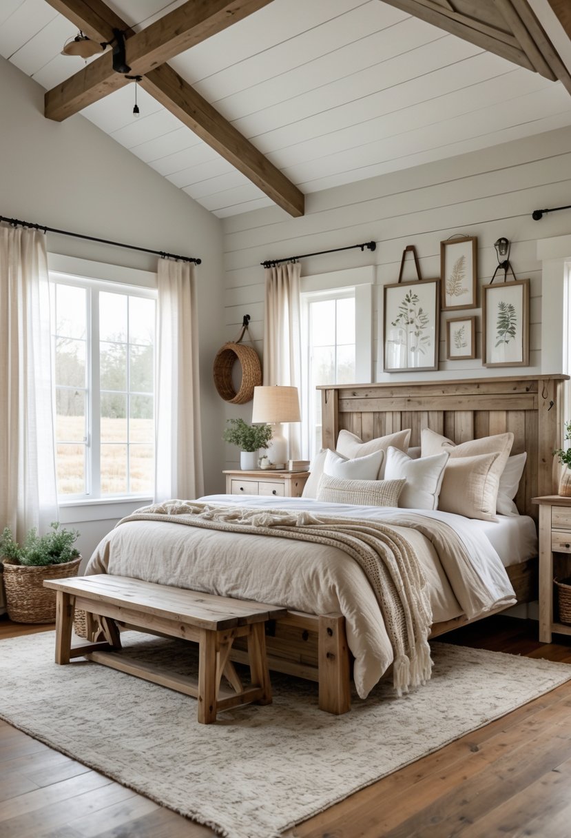 A bedroom with a wooden bed, soft linens, natural light from windows, wooden furniture, plants, and decorative wall art.