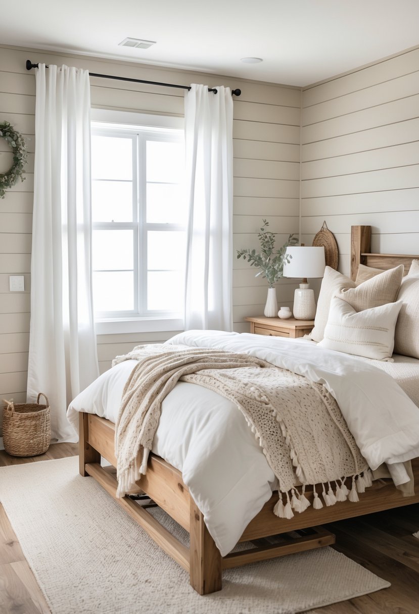 A cozy bedroom with painted shiplap walls, a wooden bed with neutral bedding, a nightstand with a lamp, and natural light coming through a window.