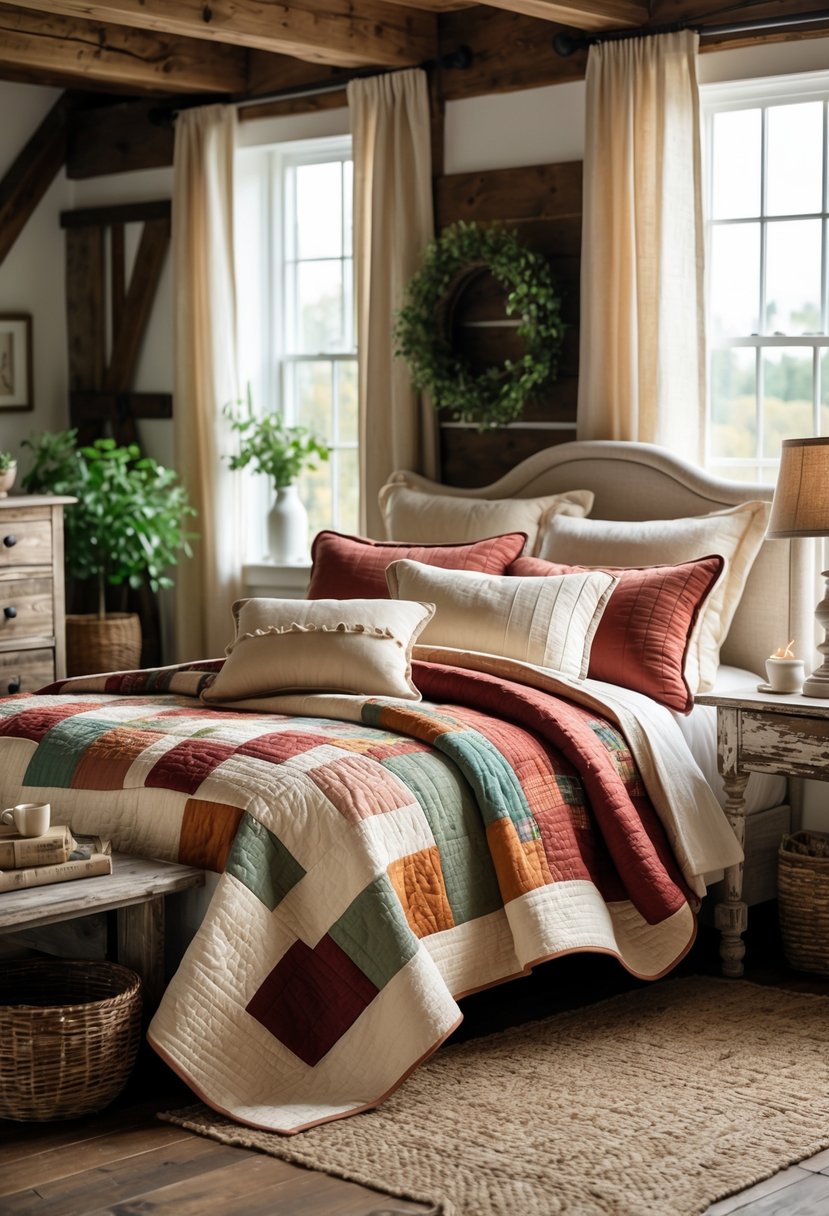 A cozy bedroom with a bed layered with colorful patchwork quilts and rustic wooden furniture.