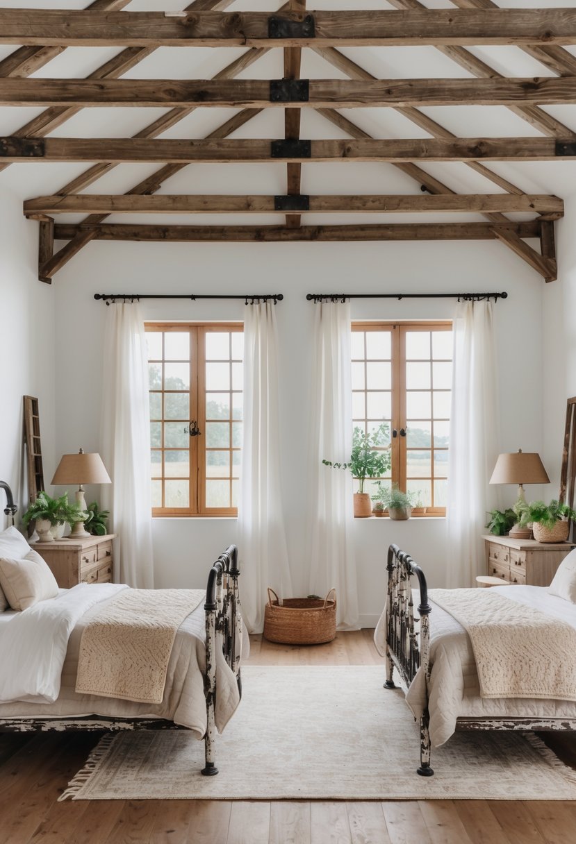 A bright bedroom with two vintage iron beds, wooden floors, natural light, and farmhouse decor including plants and antique bedside tables.