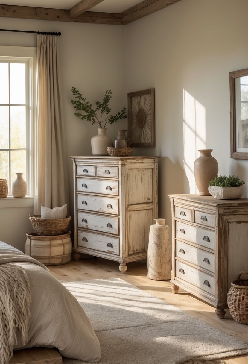 A bedroom with several antique wooden dressers featuring worn finishes, natural light, and simple decorative elements.