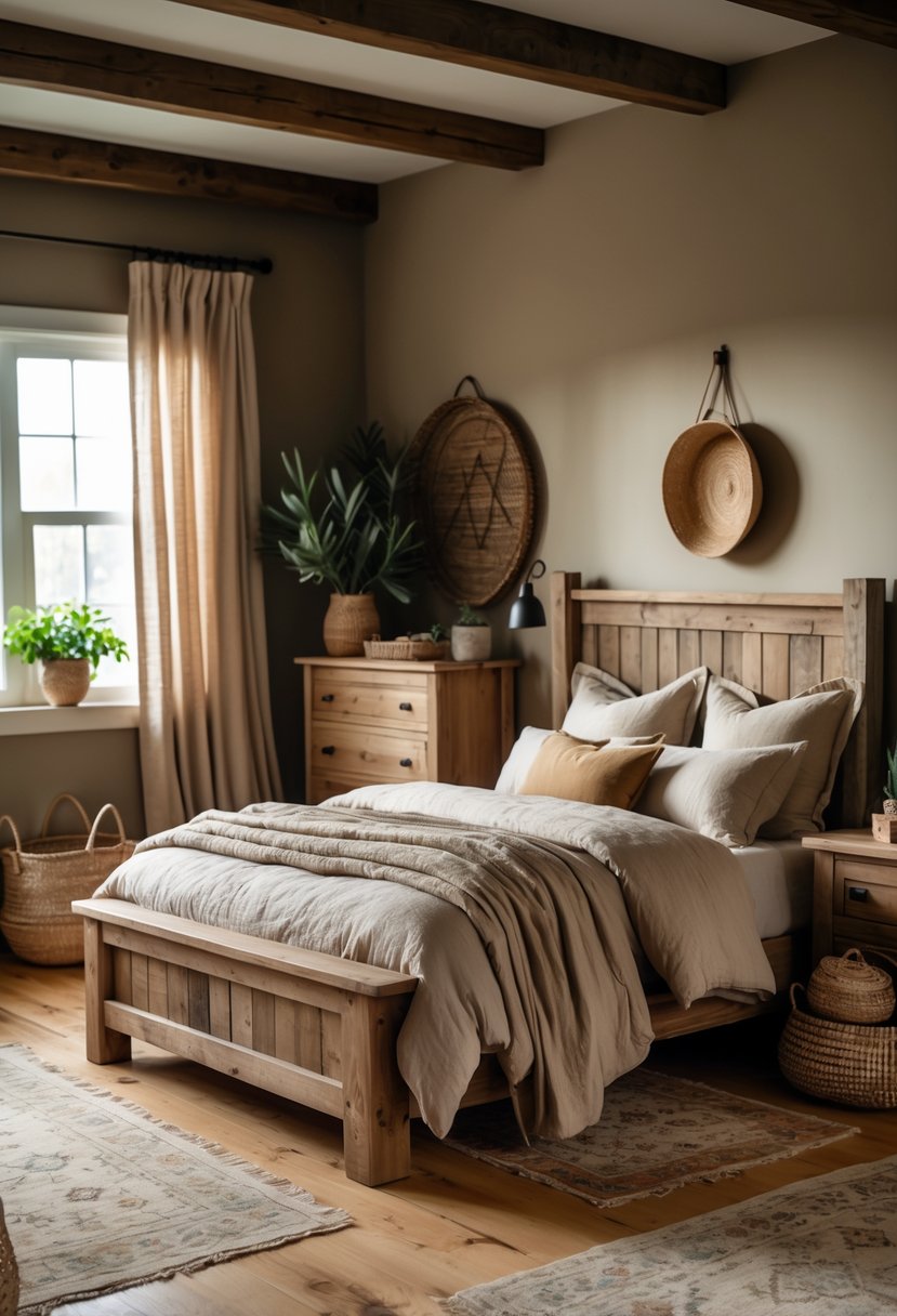 A cozy bedroom with a wooden bed, soft bedding, natural light, wooden furniture, woven baskets, and potted plants.