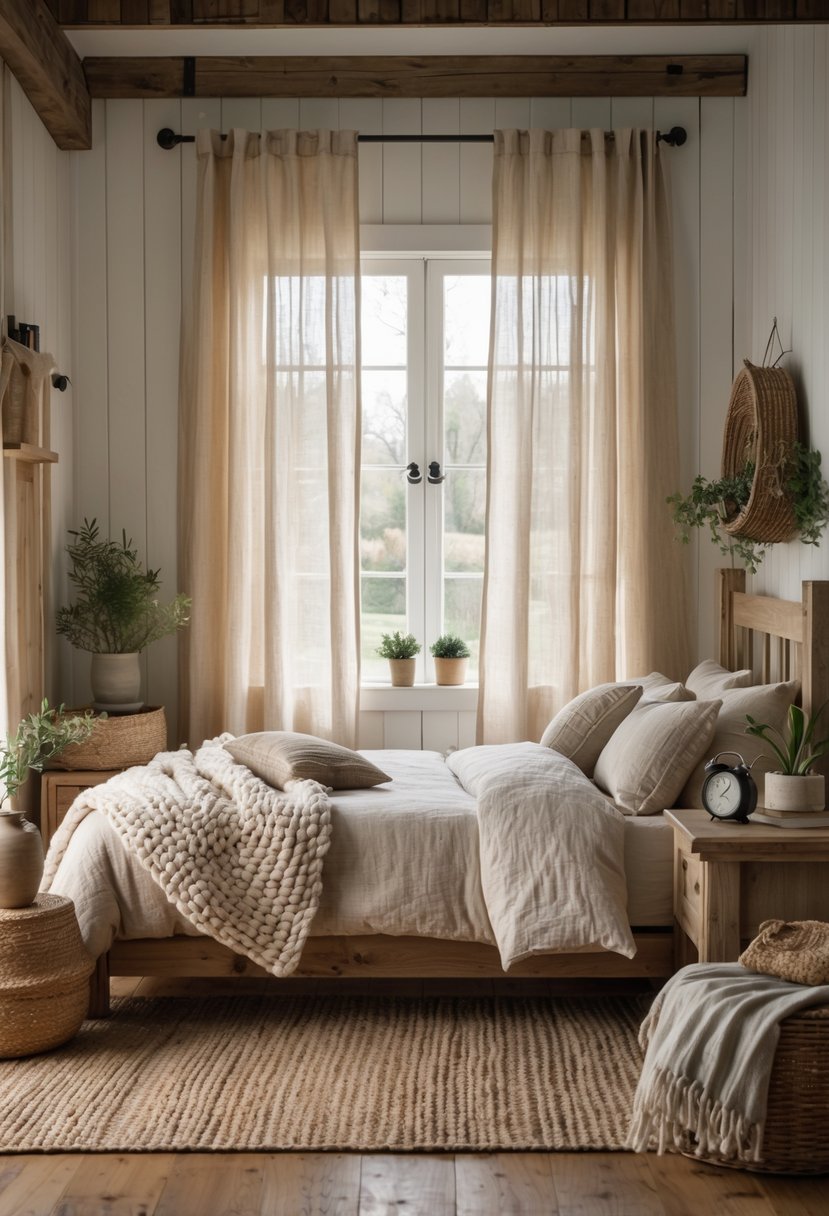 A cozy bedroom with wooden furniture, natural linen curtains, soft bedding, and warm natural light.